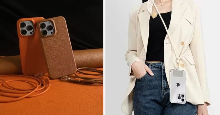 Two images depict a woman displaying an iPhone alongside a fashionable lanyard phone case, highlighting her accessories.