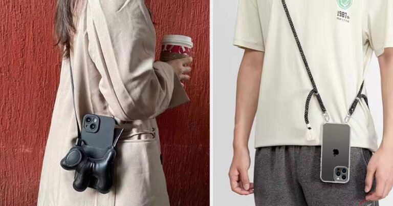 Two individuals showcasing stylish phone sling cases; one with a black bear-shaped holder and another with a minimalist design, highlighting hands-free convenience.