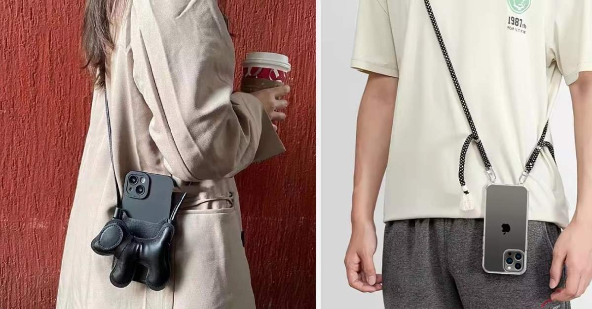 Two individuals showcasing stylish phone sling cases; one with a black bear-shaped holder and another with a minimalist design, highlighting hands-free convenience.
